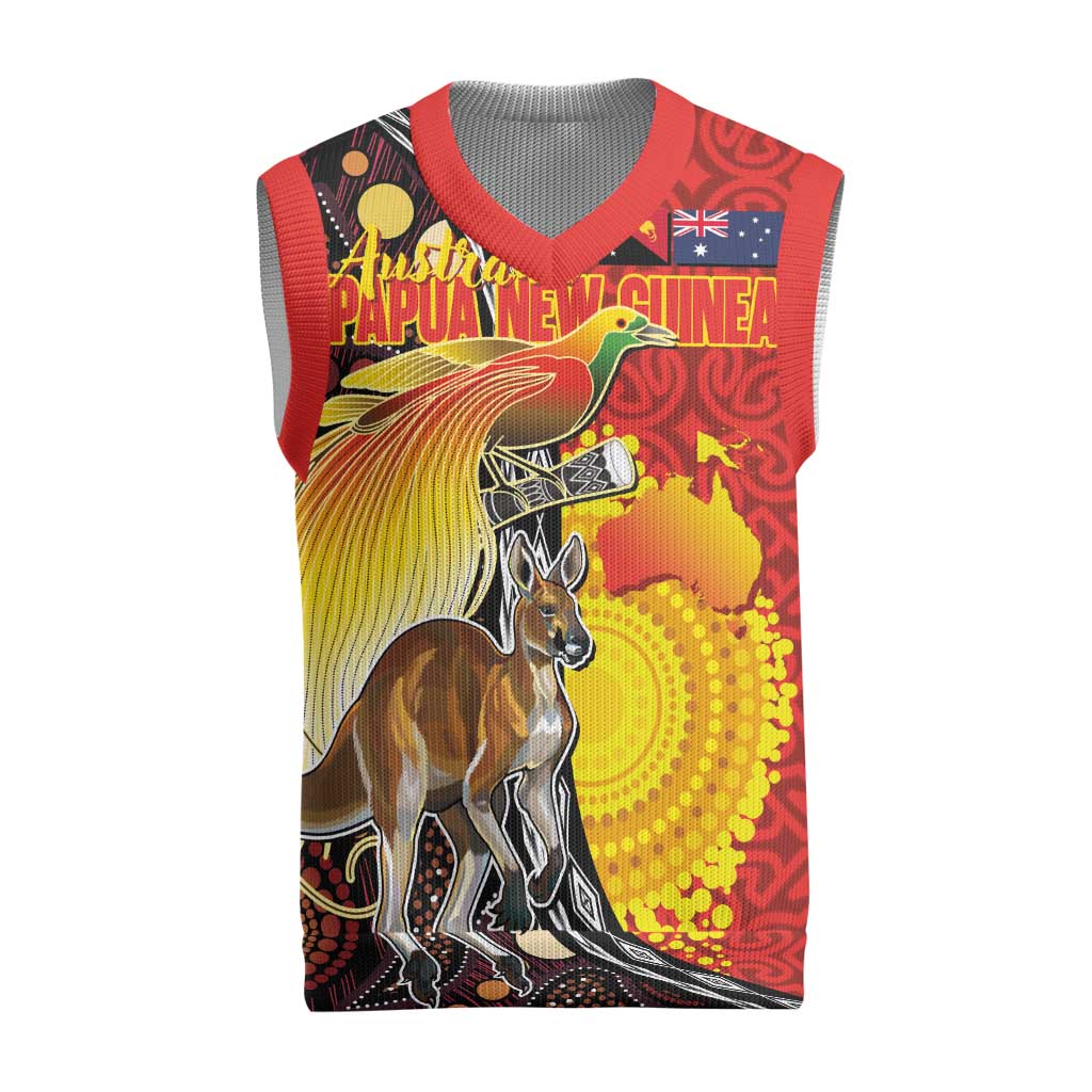 Australia and Papua New Guinea Together Christmas Knitted V-Neck Vest Bird-of-paradise and Kangaroo with Oro Tapa and Aboriginal Art Motifs - Polynesian Pride