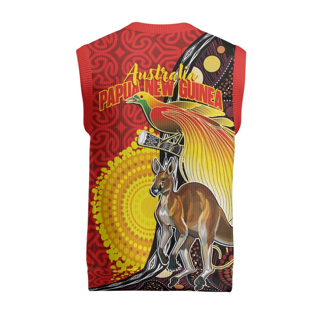 Australia and Papua New Guinea Together Christmas Knitted V-Neck Vest Bird-of-paradise and Kangaroo with Oro Tapa and Aboriginal Art Motifs - Polynesian Pride