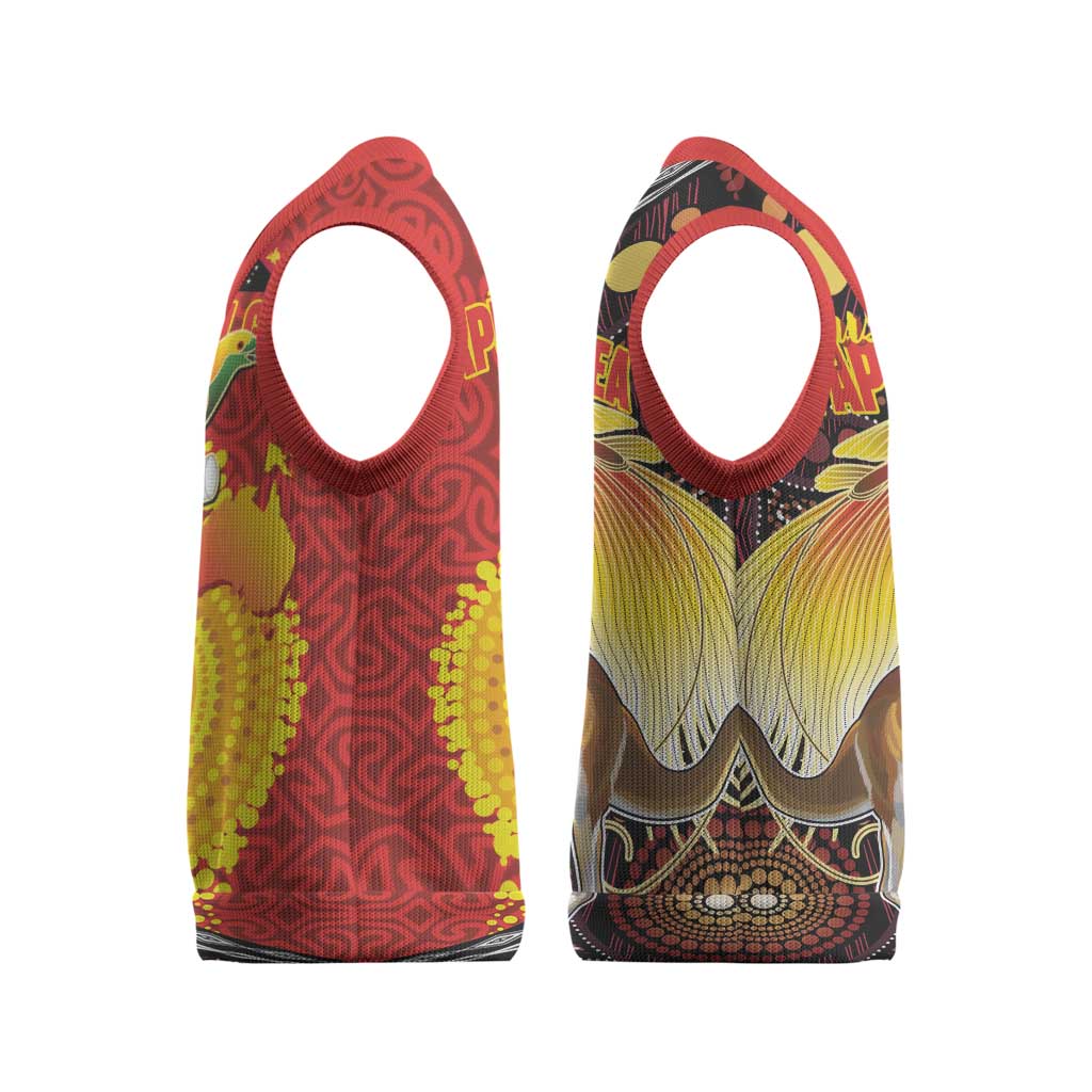 Australia and Papua New Guinea Together Christmas Knitted V-Neck Vest Bird-of-paradise and Kangaroo with Oro Tapa and Aboriginal Art Motifs - Polynesian Pride