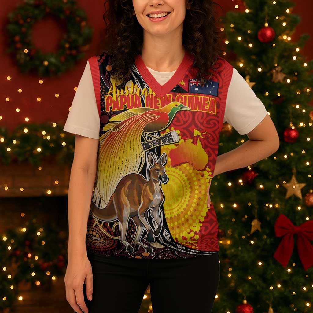 Australia and Papua New Guinea Together Christmas Knitted V-Neck Vest Bird-of-paradise and Kangaroo with Oro Tapa and Aboriginal Art Motifs - Polynesian Pride