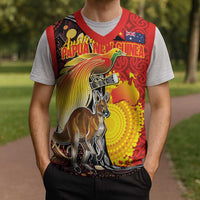 Australia and Papua New Guinea Together Christmas Knitted V-Neck Vest Bird-of-paradise and Kangaroo with Oro Tapa and Aboriginal Art Motifs - Polynesian Pride