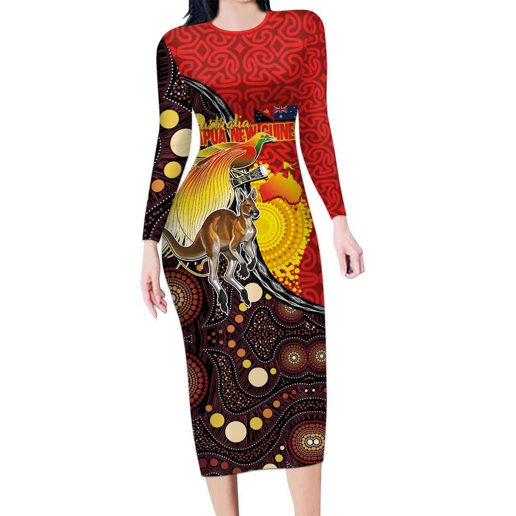 Australia and Papua New Guinea Together Long Sleeve Bodycon Dress Bird-of-paradise and Kangaroo with Oro Tapa and Aboriginal Art Motifs - Polynesian Pride