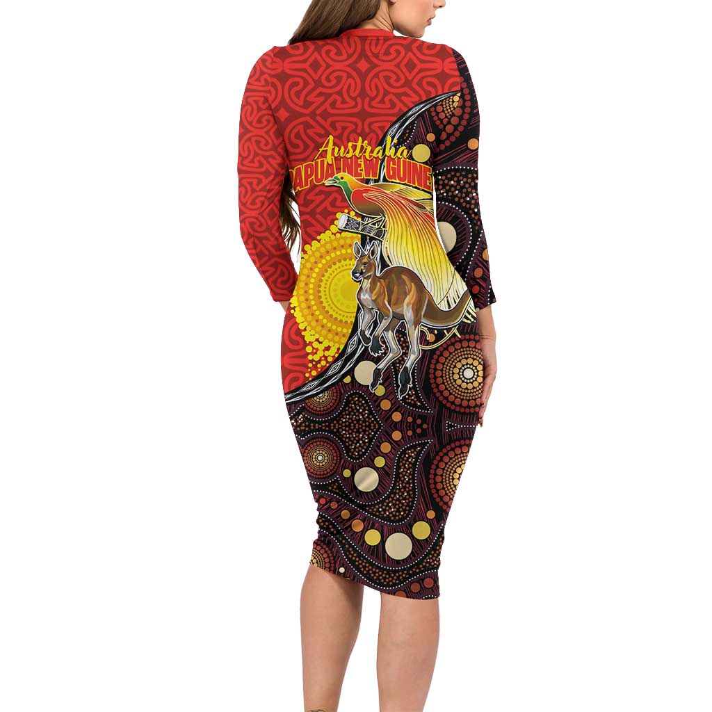 Australia and Papua New Guinea Together Long Sleeve Bodycon Dress Bird-of-paradise and Kangaroo with Oro Tapa and Aboriginal Art Motifs - Polynesian Pride