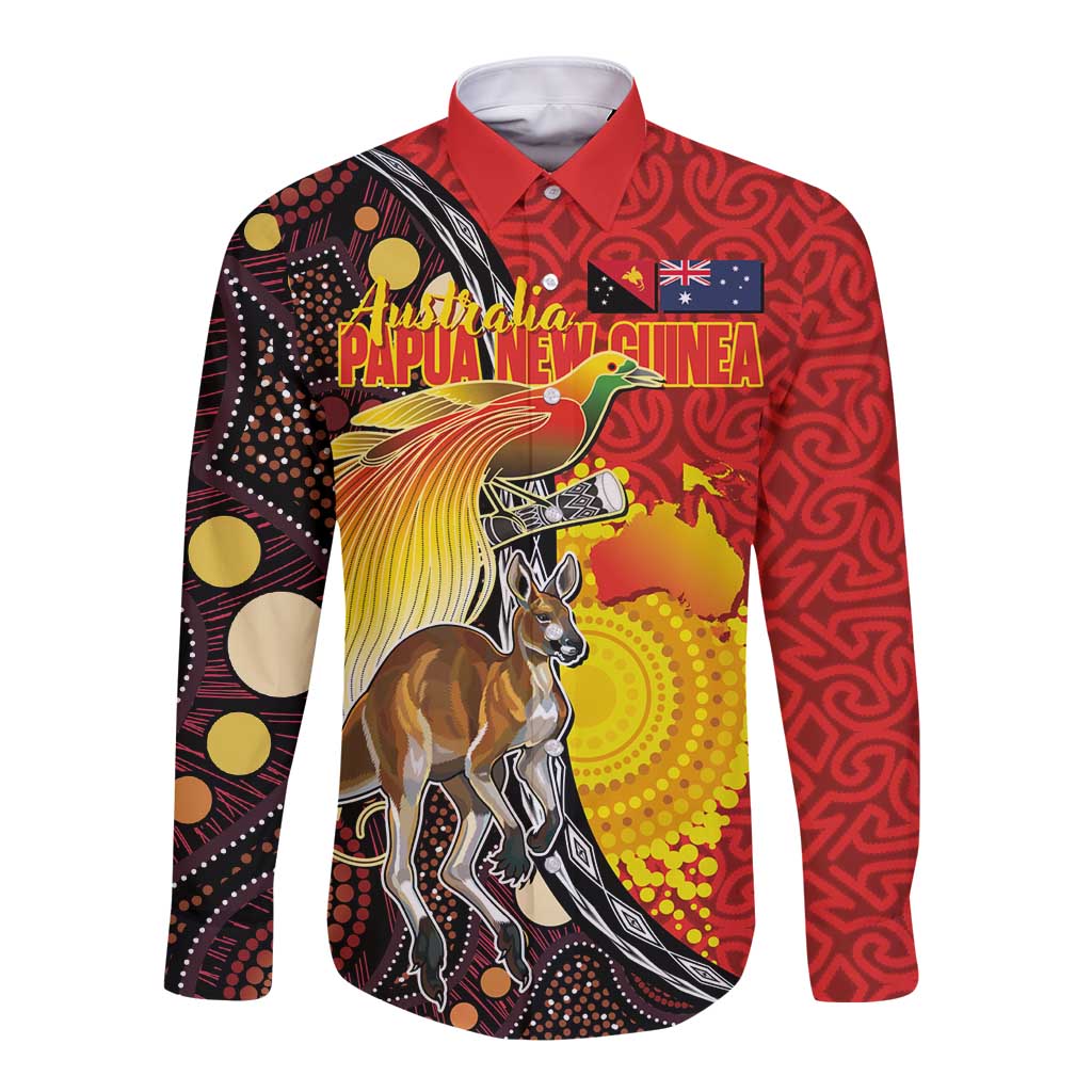 Australia and Papua New Guinea Together Long Sleeve Button Shirt Bird-of-paradise and Kangaroo with Oro Tapa and Aboriginal Art Motifs - Polynesian Pride