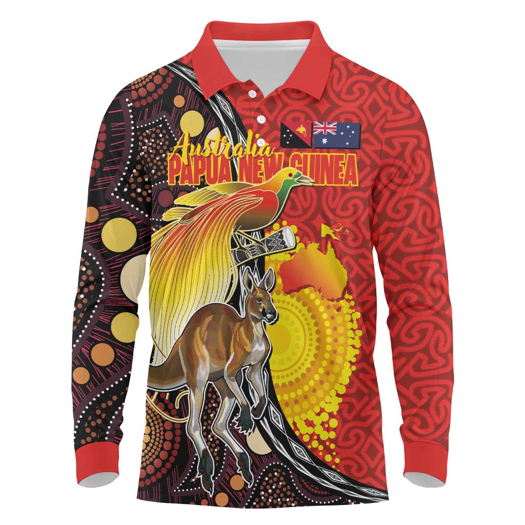 Australia and Papua New Guinea Together Long Sleeve Polo Shirt Bird-of-paradise and Kangaroo with Oro Tapa and Aboriginal Art Motifs - Polynesian Pride