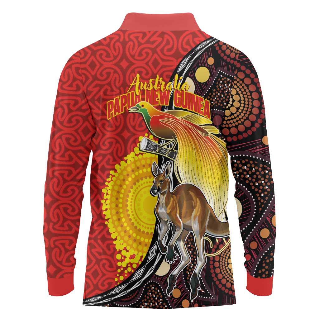 Australia and Papua New Guinea Together Long Sleeve Polo Shirt Bird-of-paradise and Kangaroo with Oro Tapa and Aboriginal Art Motifs - Polynesian Pride
