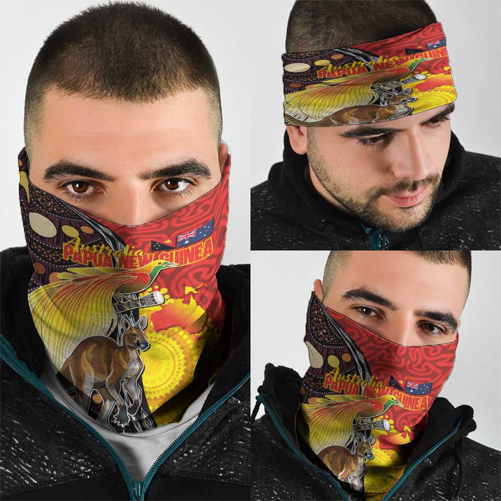 Australia and Papua New Guinea Together Neck Gaiter Bird-of-paradise and Kangaroo with Oro Tapa and Aboriginal Art Motifs - Polynesian Pride