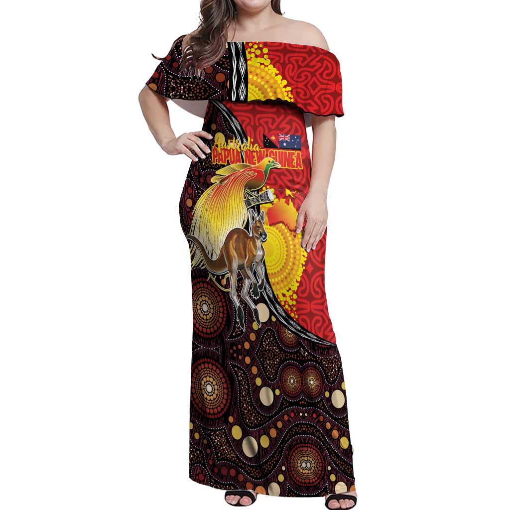 Australia and Papua New Guinea Together Off Shoulder Maxi Dress Bird-of-paradise and Kangaroo with Oro Tapa and Aboriginal Art Motifs - Polynesian Pride