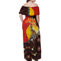 Australia and Papua New Guinea Together Off Shoulder Maxi Dress Bird-of-paradise and Kangaroo with Oro Tapa and Aboriginal Art Motifs - Polynesian Pride