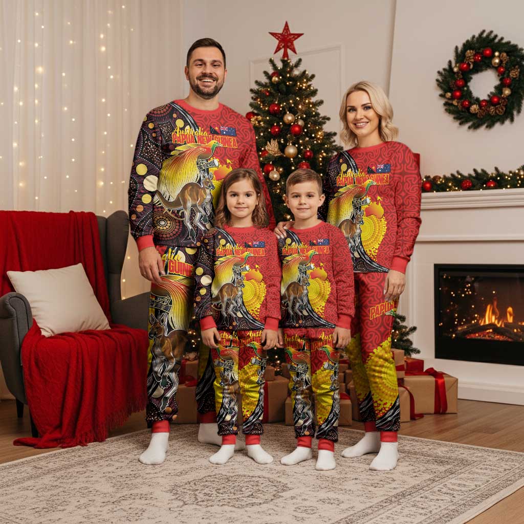 Australia and Papua New Guinea Together Christmas Pajama Set Bird-of-paradise and Kangaroo with Oro Tapa and Aboriginal Art Motifs - Polynesian Pride