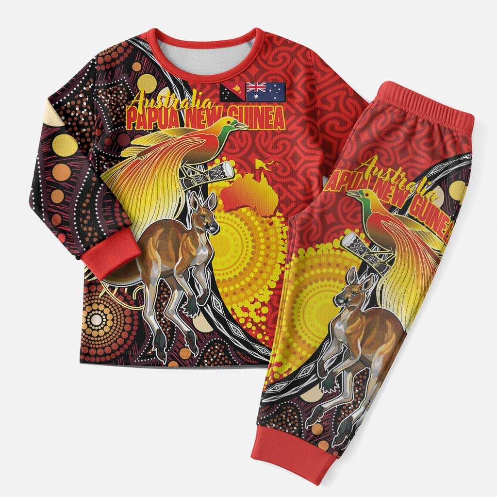 Australia and Papua New Guinea Together Christmas Pajama Set Bird-of-paradise and Kangaroo with Oro Tapa and Aboriginal Art Motifs - Polynesian Pride