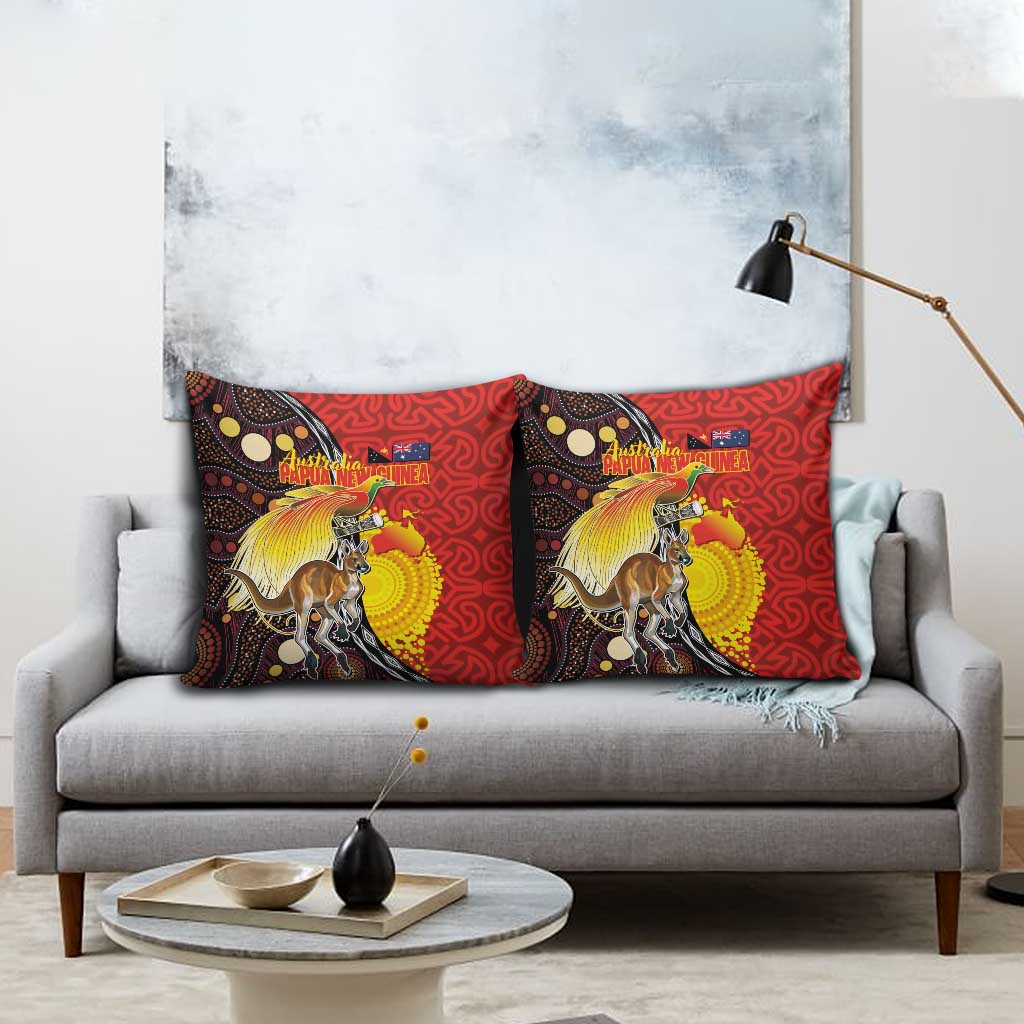 Australia and Papua New Guinea Together Pillow Cover Bird-of-paradise and Kangaroo with Oro Tapa and Aboriginal Art Motifs - Polynesian Pride