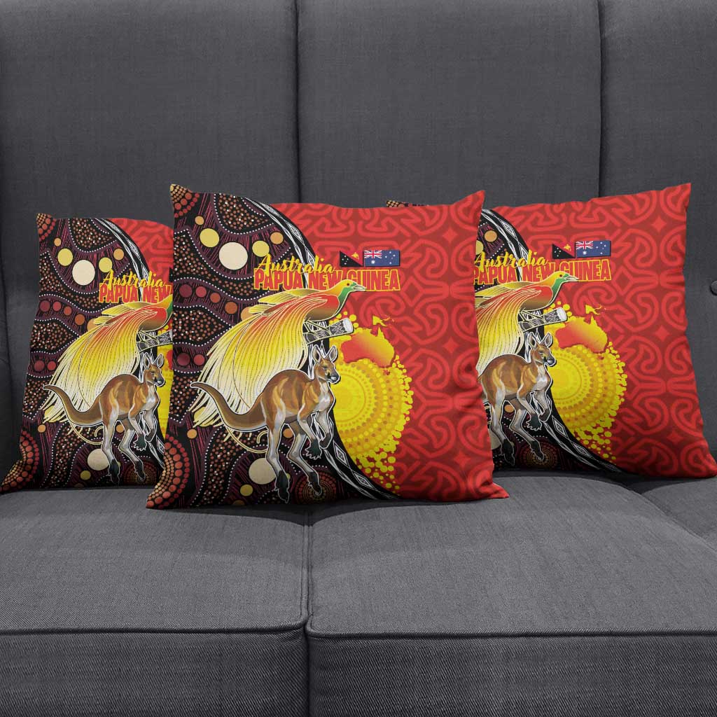 Australia and Papua New Guinea Together Pillow Cover Bird-of-paradise and Kangaroo with Oro Tapa and Aboriginal Art Motifs - Polynesian Pride