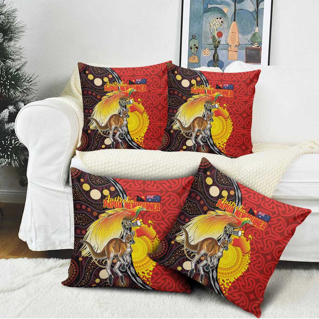 Australia and Papua New Guinea Together Pillow Cover Bird-of-paradise and Kangaroo with Oro Tapa and Aboriginal Art Motifs - Polynesian Pride