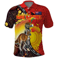 Australia and Papua New Guinea Together Polo Shirt Bird-of-paradise and Kangaroo with Oro Tapa and Aboriginal Art Motifs - Polynesian Pride
