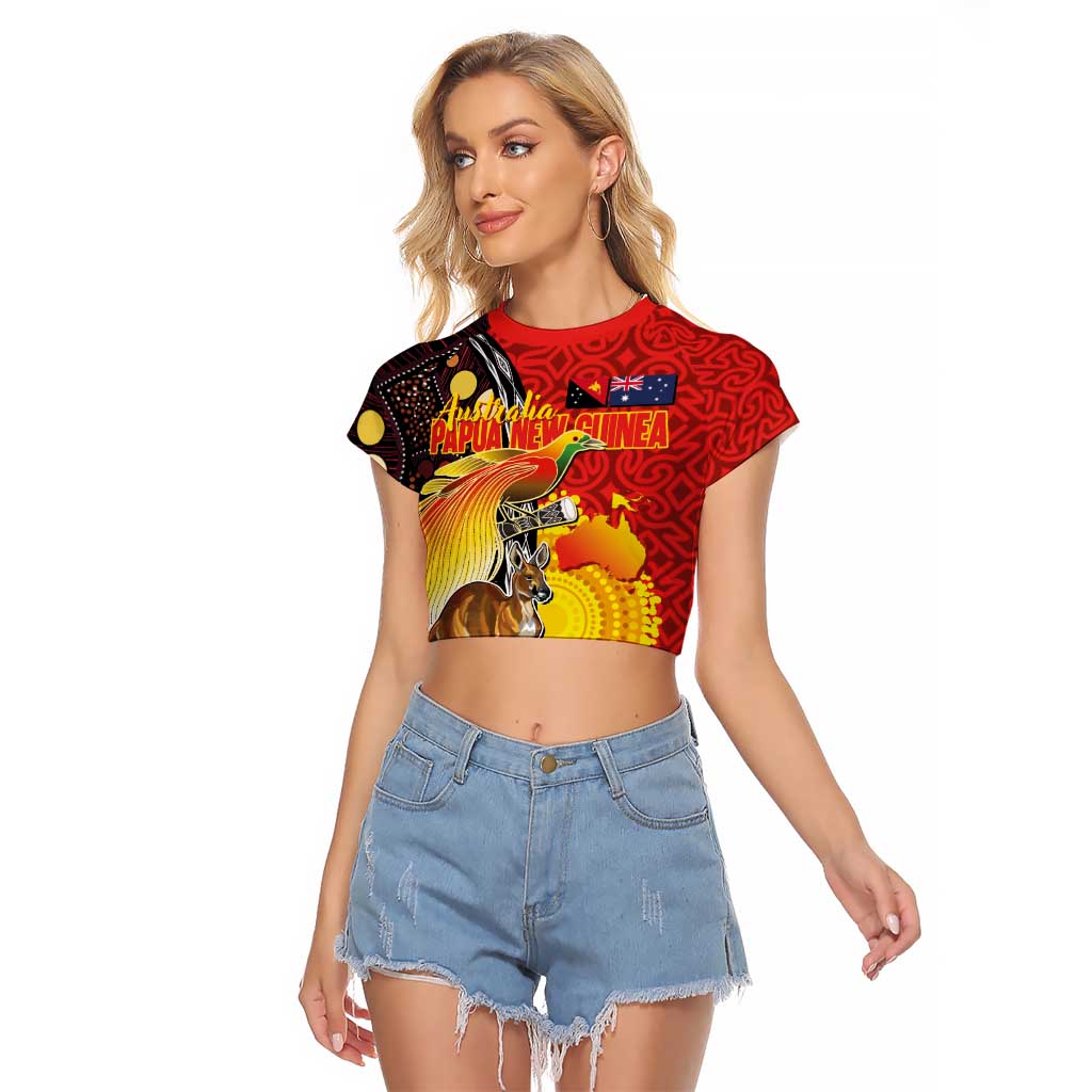 Australia and Papua New Guinea Together Raglan Cropped T Shirt Bird-of-paradise and Kangaroo with Oro Tapa and Aboriginal Art Motifs - Polynesian Pride