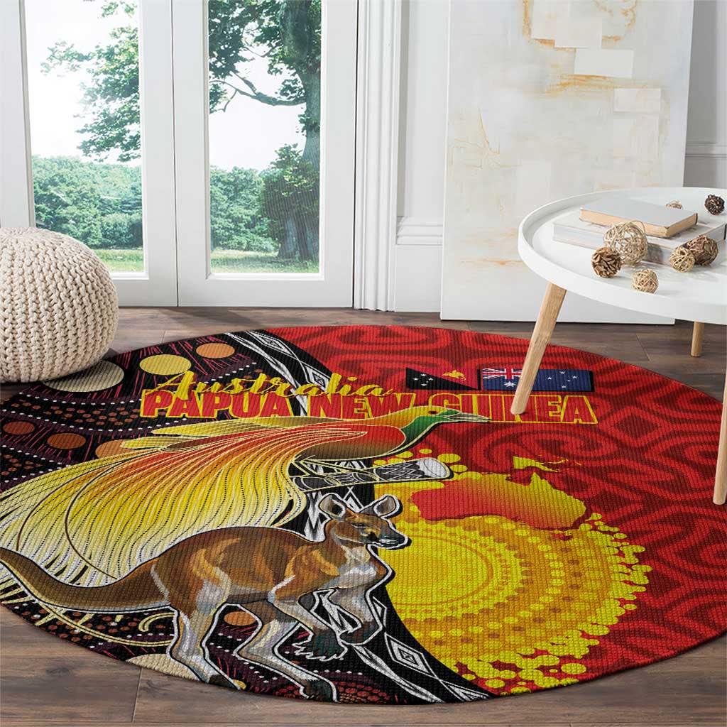 Australia and Papua New Guinea Together Round Carpet Bird-of-paradise and Kangaroo with Oro Tapa and Aboriginal Art Motifs - Polynesian Pride