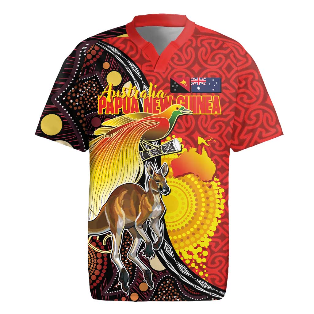 Australia and Papua New Guinea Together Rugby Jersey Bird-of-paradise and Kangaroo with Oro Tapa and Aboriginal Art Motifs - Polynesian Pride
