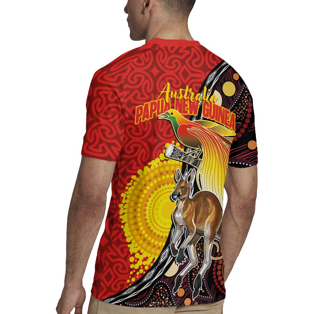 Australia and Papua New Guinea Together Rugby Jersey Bird-of-paradise and Kangaroo with Oro Tapa and Aboriginal Art Motifs - Polynesian Pride