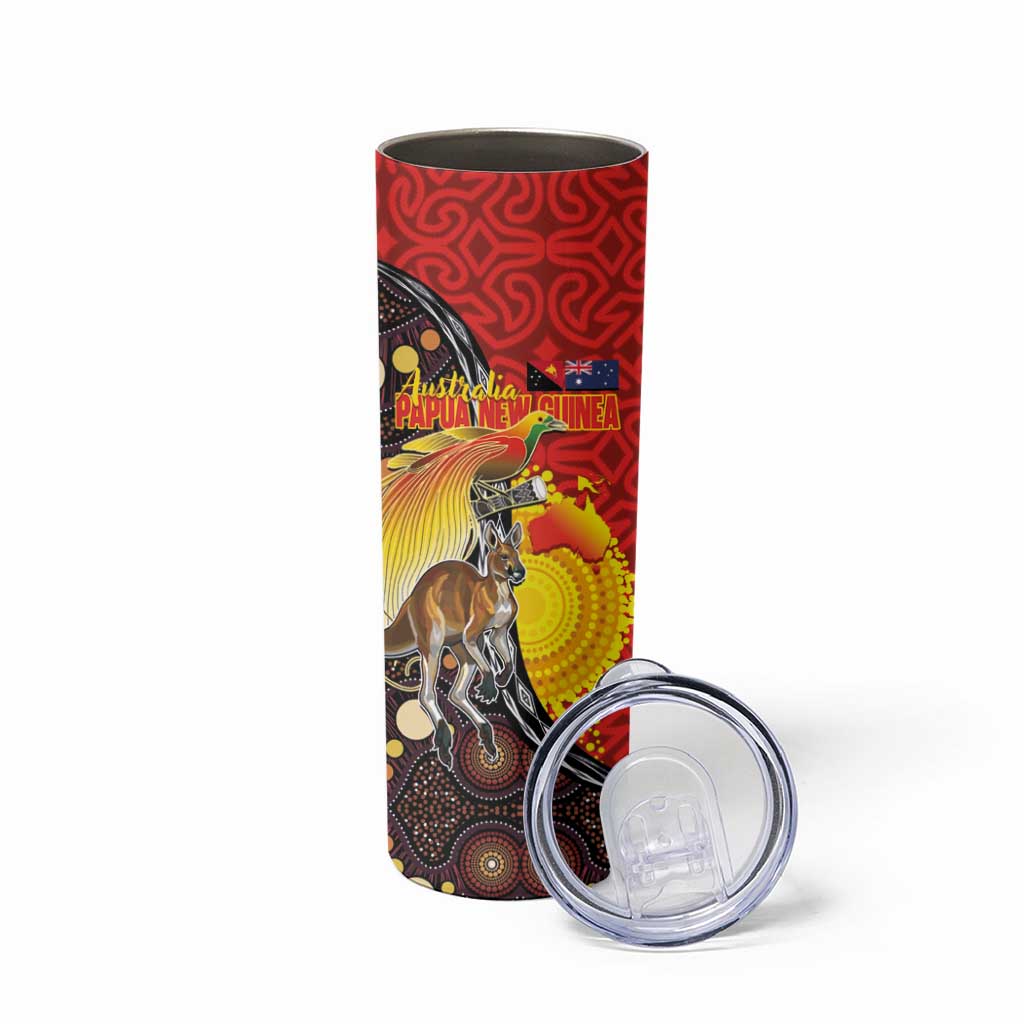 Australia and Papua New Guinea Together Skinny Tumbler Bird-of-paradise and Kangaroo with Oro Tapa and Aboriginal Art Motifs - Polynesian Pride