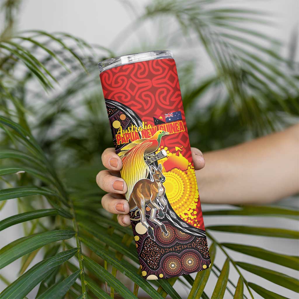 Australia and Papua New Guinea Together Skinny Tumbler Bird-of-paradise and Kangaroo with Oro Tapa and Aboriginal Art Motifs - Polynesian Pride