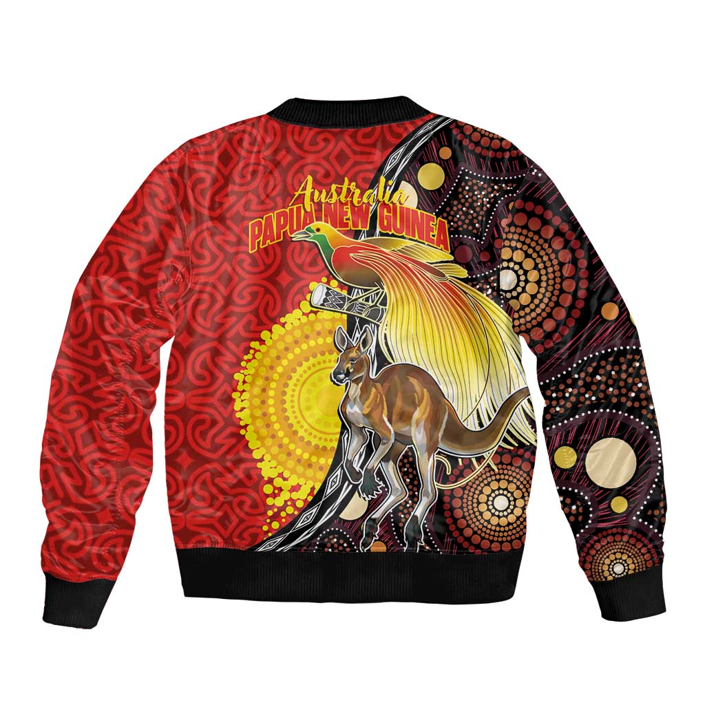 Australia and Papua New Guinea Together Sleeve Zip Bomber Jacket Bird-of-paradise and Kangaroo with Oro Tapa and Aboriginal Art Motifs - Polynesian Pride