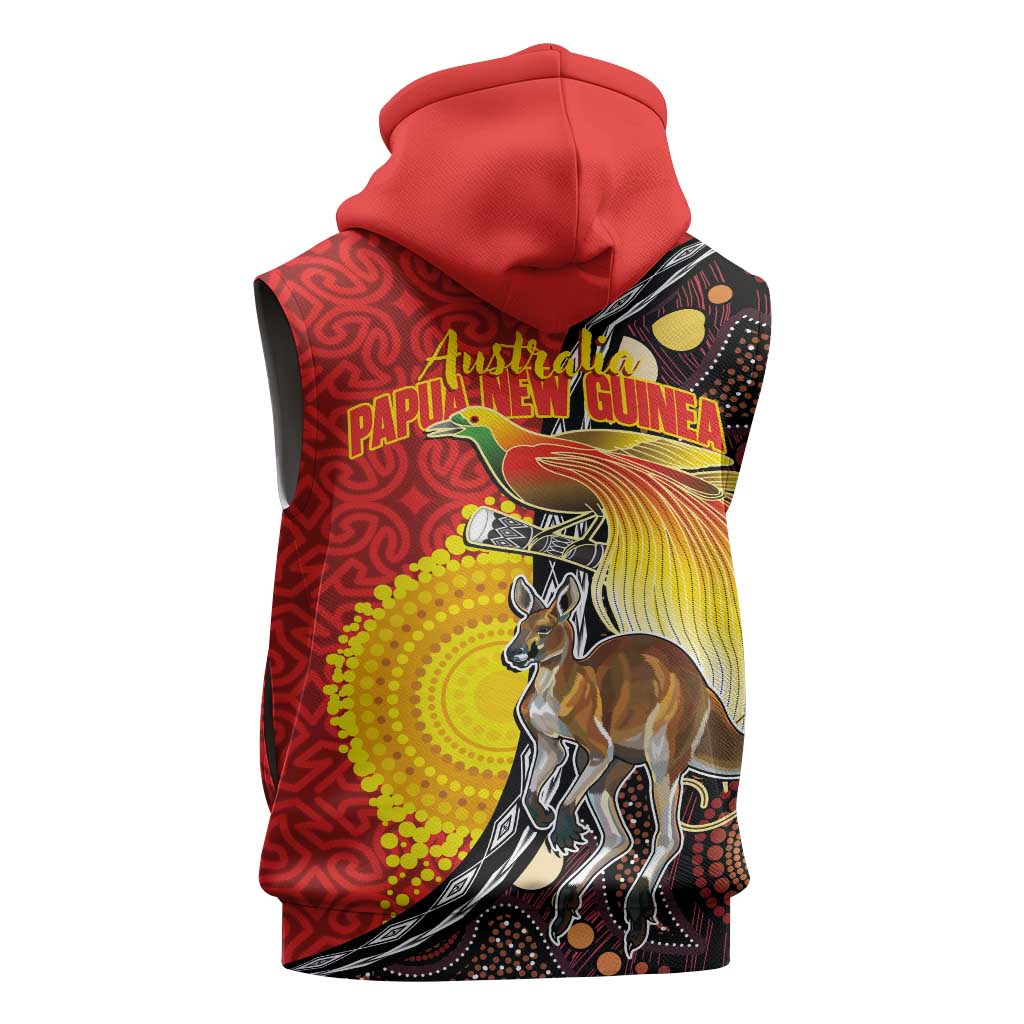 Australia and Papua New Guinea Together Sleeveless Hoodie Bird-of-paradise and Kangaroo with Oro Tapa and Aboriginal Art Motifs - Polynesian Pride