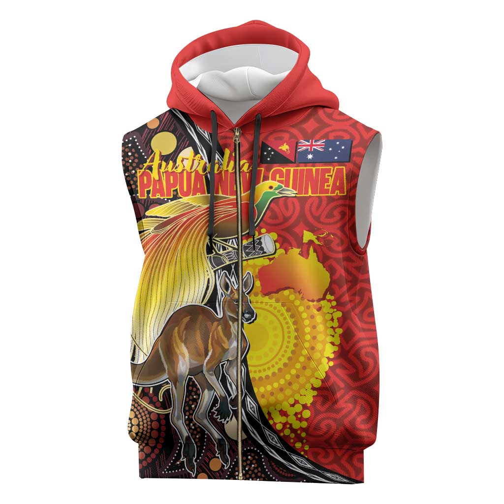 Australia and Papua New Guinea Together Sleeveless Zip Hoodie Bird-of-paradise and Kangaroo with Oro Tapa and Aboriginal Art Motifs - Polynesian Pride