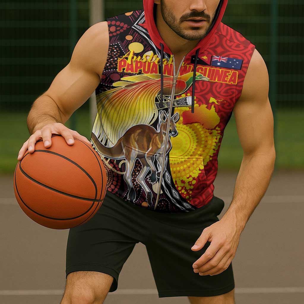 Australia and Papua New Guinea Together Sleeveless Zip Hoodie Bird-of-paradise and Kangaroo with Oro Tapa and Aboriginal Art Motifs - Polynesian Pride