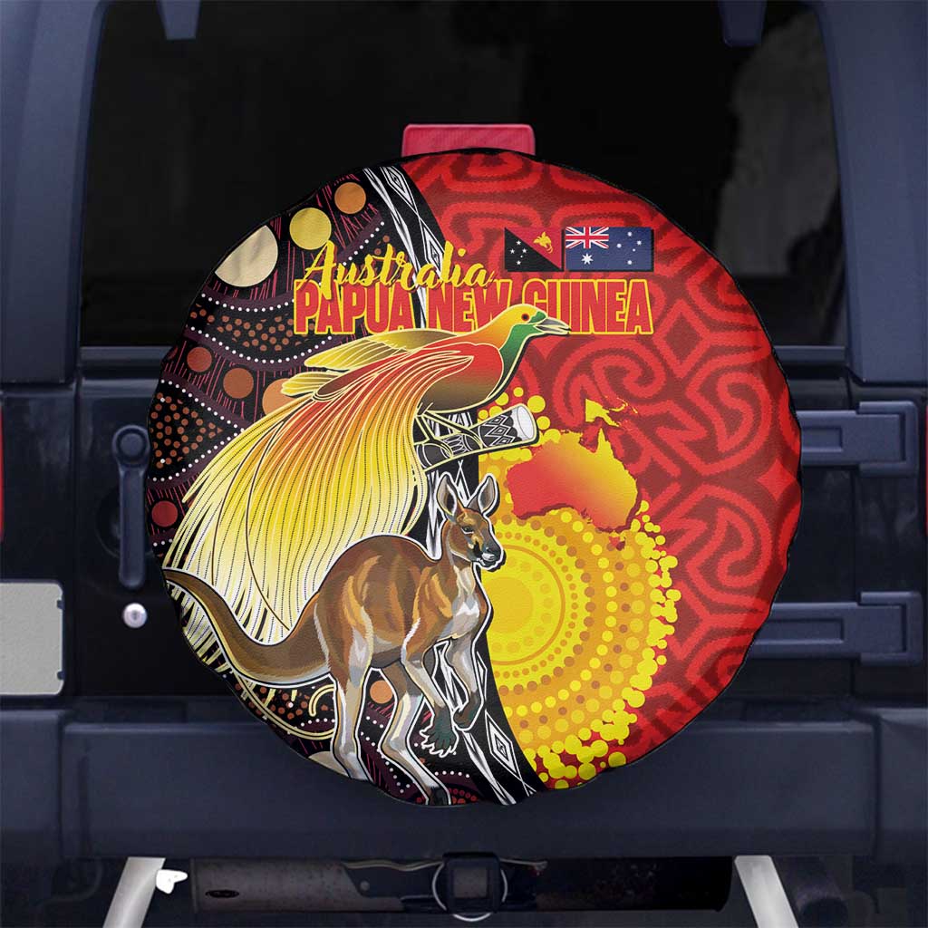 Australia and Papua New Guinea Together Spare Tire Cover Bird-of-paradise and Kangaroo with Oro Tapa and Aboriginal Art Motifs - Polynesian Pride