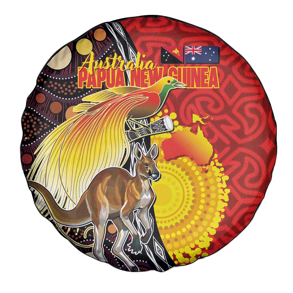 Australia and Papua New Guinea Together Spare Tire Cover Bird-of-paradise and Kangaroo with Oro Tapa and Aboriginal Art Motifs - Polynesian Pride