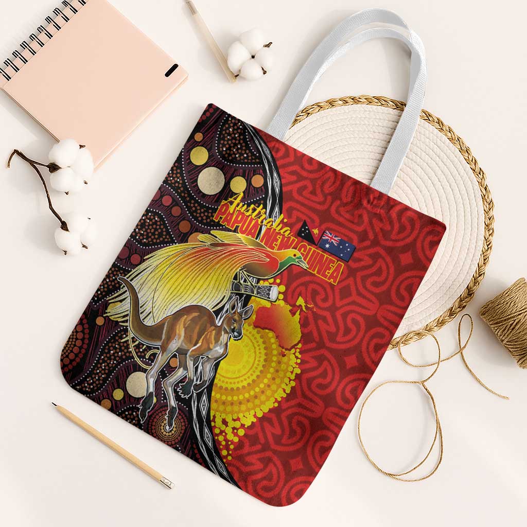 Australia and Papua New Guinea Together Tote Bag Bird-of-paradise and Kangaroo with Oro Tapa and Aboriginal Art Motifs - Polynesian Pride