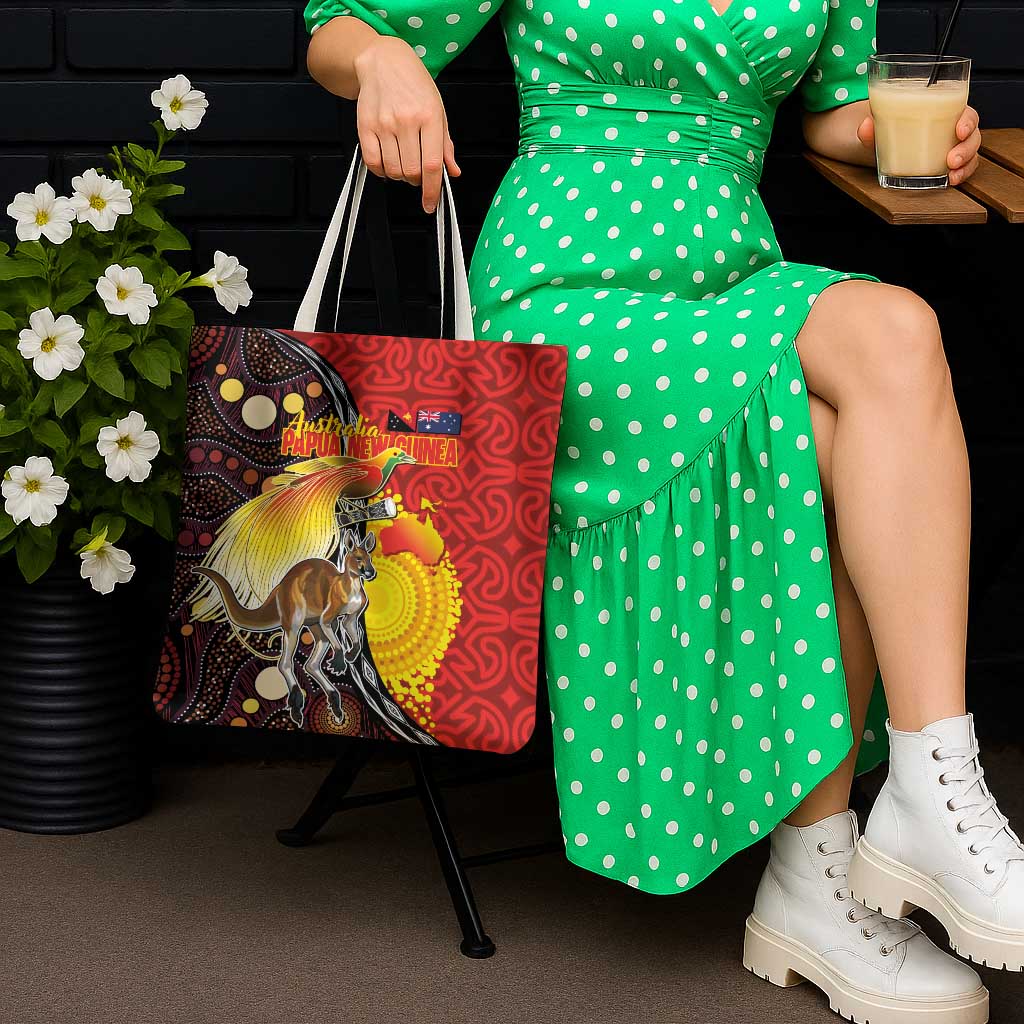 Australia and Papua New Guinea Together Tote Bag Bird-of-paradise and Kangaroo with Oro Tapa and Aboriginal Art Motifs - Polynesian Pride