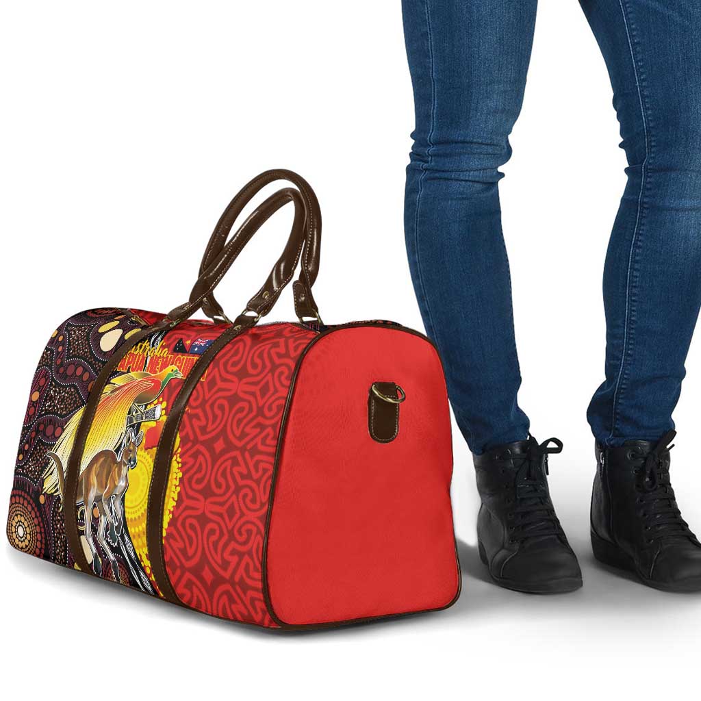 Australia and Papua New Guinea Together Travel Bag Bird-of-paradise and Kangaroo with Oro Tapa and Aboriginal Art Motifs - Polynesian Pride