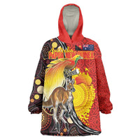 Australia and Papua New Guinea Together Wearable Blanket Hoodie Bird-of-paradise and Kangaroo with Oro Tapa and Aboriginal Art Motifs - Polynesian Pride