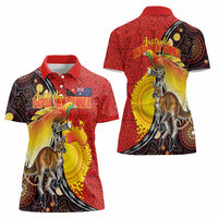 Australia and Papua New Guinea Together Women Polo Shirt Bird-of-paradise and Kangaroo with Oro Tapa and Aboriginal Art Motifs - Polynesian Pride