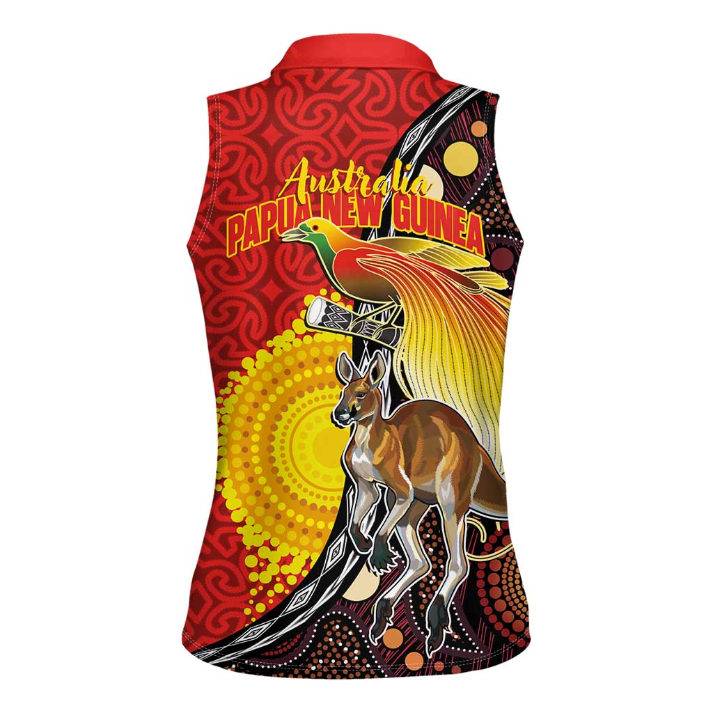 Australia and Papua New Guinea Together Women Sleeveless Polo Shirt Bird-of-paradise and Kangaroo with Oro Tapa and Aboriginal Art Motifs - Polynesian Pride