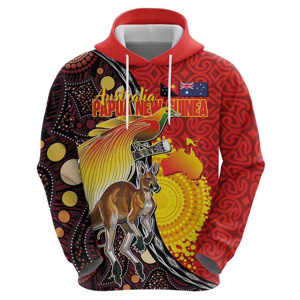 Australia and Papua New Guinea Together Zip Hoodie Bird-of-paradise and Kangaroo with Oro Tapa and Aboriginal Art Motifs - Polynesian Pride