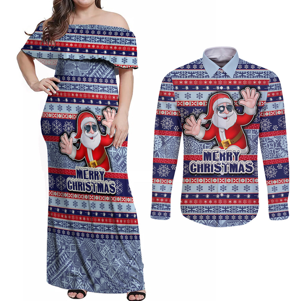 Fiji Christmas Couples Matching Off Shoulder Maxi Dress and Long Sleeve Button Shirts Fijian Santa and Coat of Arms Mix Tapa Pattern Striped Style LT03 Blue - Polynesian Pride