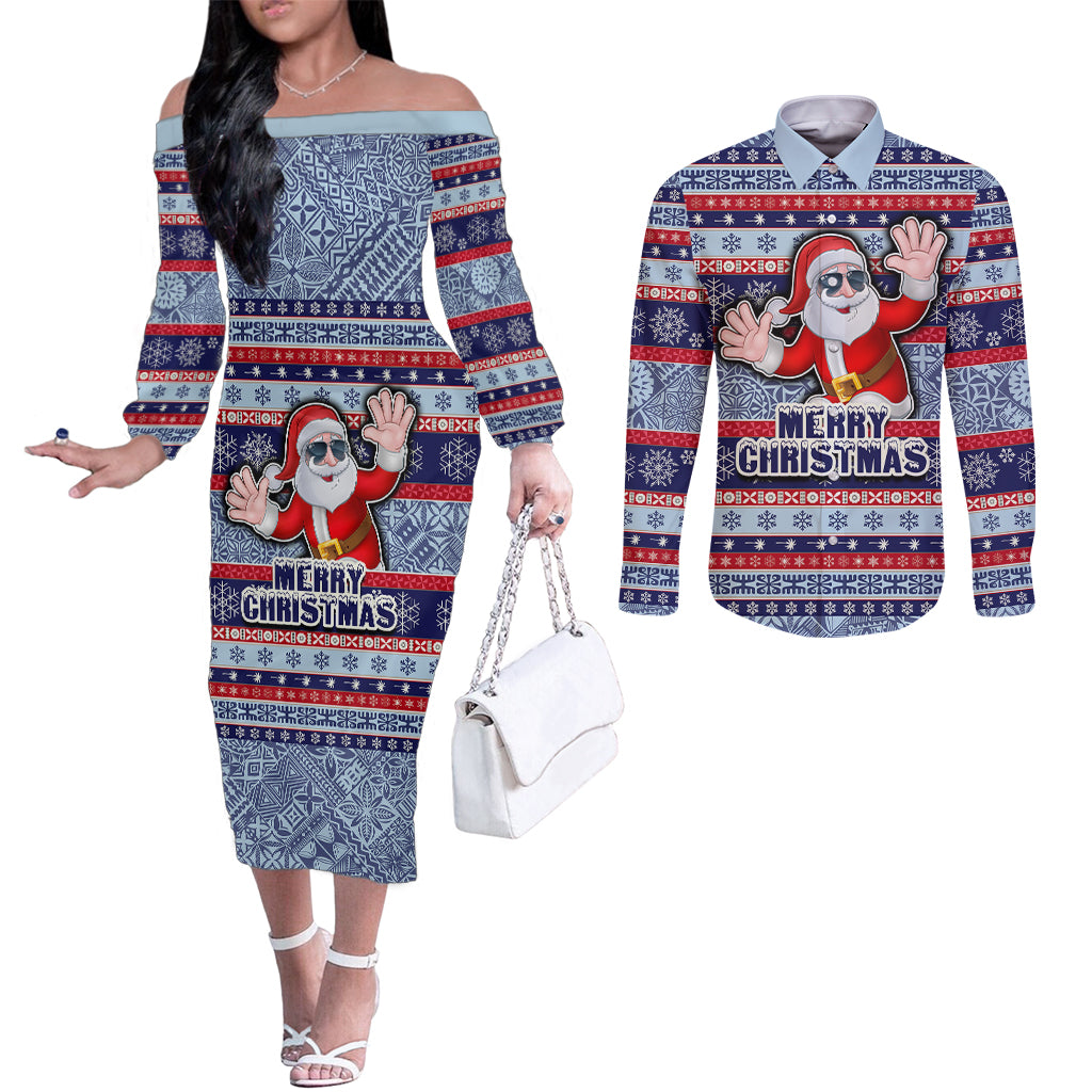 Fiji Christmas Couples Matching Off The Shoulder Long Sleeve Dress and Long Sleeve Button Shirts Fijian Santa and Coat of Arms Mix Tapa Pattern Striped Style LT03 Blue - Polynesian Pride
