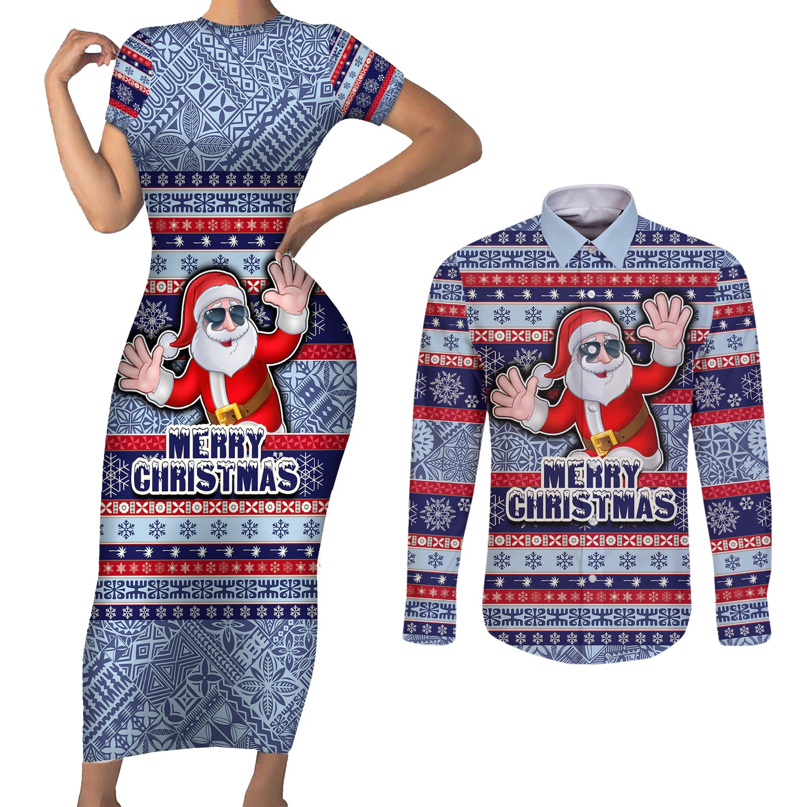Fiji Christmas Couples Matching Short Sleeve Bodycon Dress and Long Sleeve Button Shirts Fijian Santa and Coat of Arms Mix Tapa Pattern Striped Style LT03 Blue - Polynesian Pride