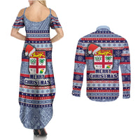 fiji-christmas-couples-matching-summer-maxi-dress-and-long-sleeve-button-shirts-fijian-santa-and-coat-of-arms-mix-tapa-pattern-striped-style