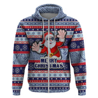 Fiji Christmas Hoodie Fijian Santa and Coat of Arms Mix Tapa Pattern Striped Style LT03 Zip Hoodie Blue - Polynesian Pride