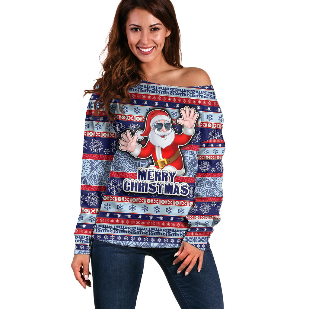 Fiji Christmas Off Shoulder Sweater Fijian Santa and Coat of Arms Mix Tapa Pattern Striped Style LT03 Women Blue - Polynesian Pride