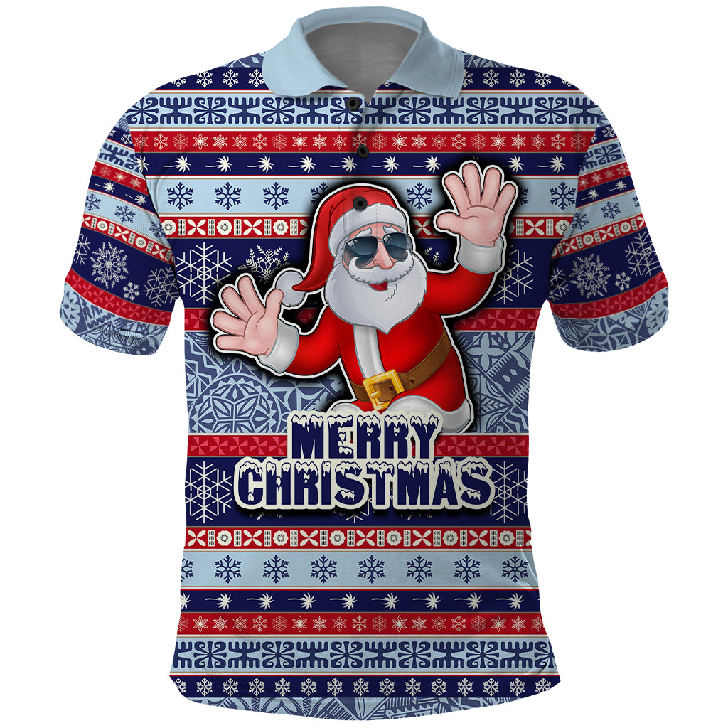 Fiji Christmas Polo Shirt Fijian Santa and Coat of Arms Mix Tapa Pattern Striped Style LT03 Blue - Polynesian Pride