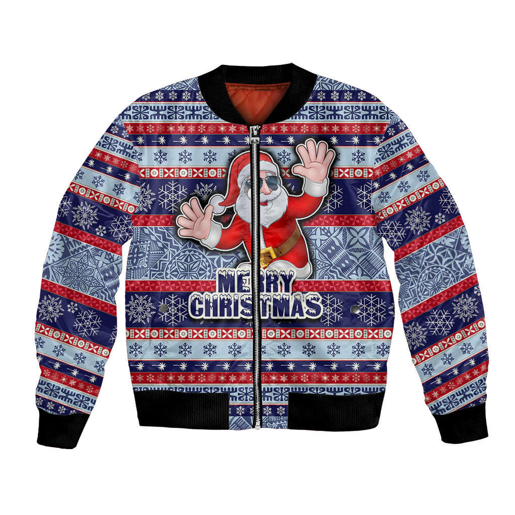 Custom Fiji Christmas Bomber Jacket Fijian Santa and Coat of Arms Mix Tapa Pattern Striped Style LT03 Unisex Blue - Polynesian Pride