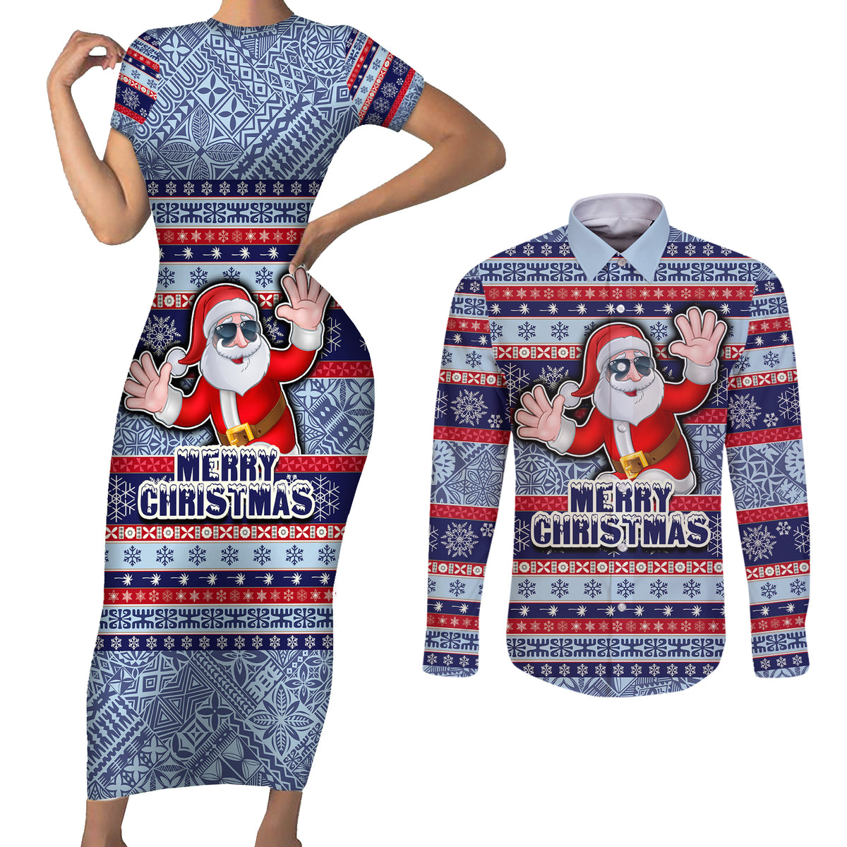 custom-fiji-christmas-couples-matching-short-sleeve-bodycon-dress-and-long-sleeve-button-shirts-fijian-santa-and-coat-of-arms-mix-tapa-pattern-striped-style
