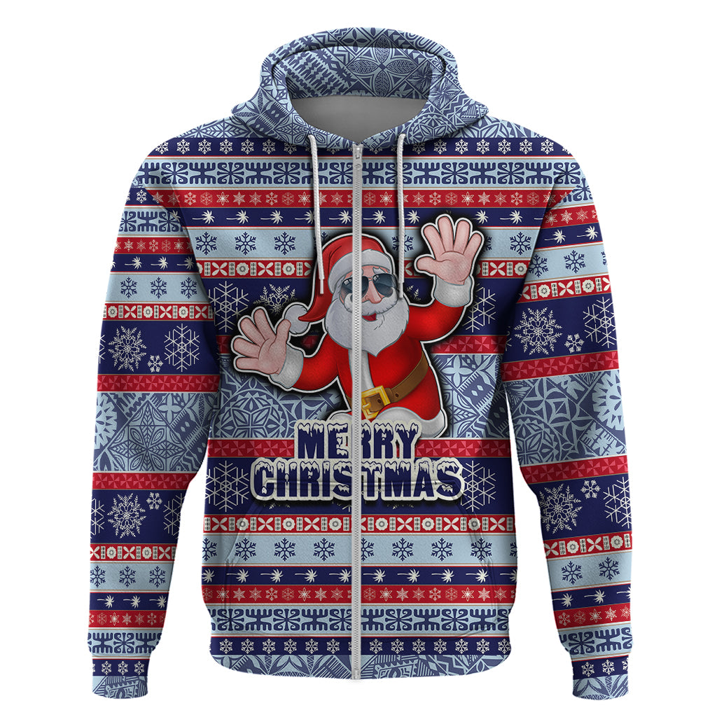 Custom Fiji Christmas Hoodie Fijian Santa and Coat of Arms Mix Tapa Pattern Striped Style LT03 Zip Hoodie Blue - Polynesian Pride