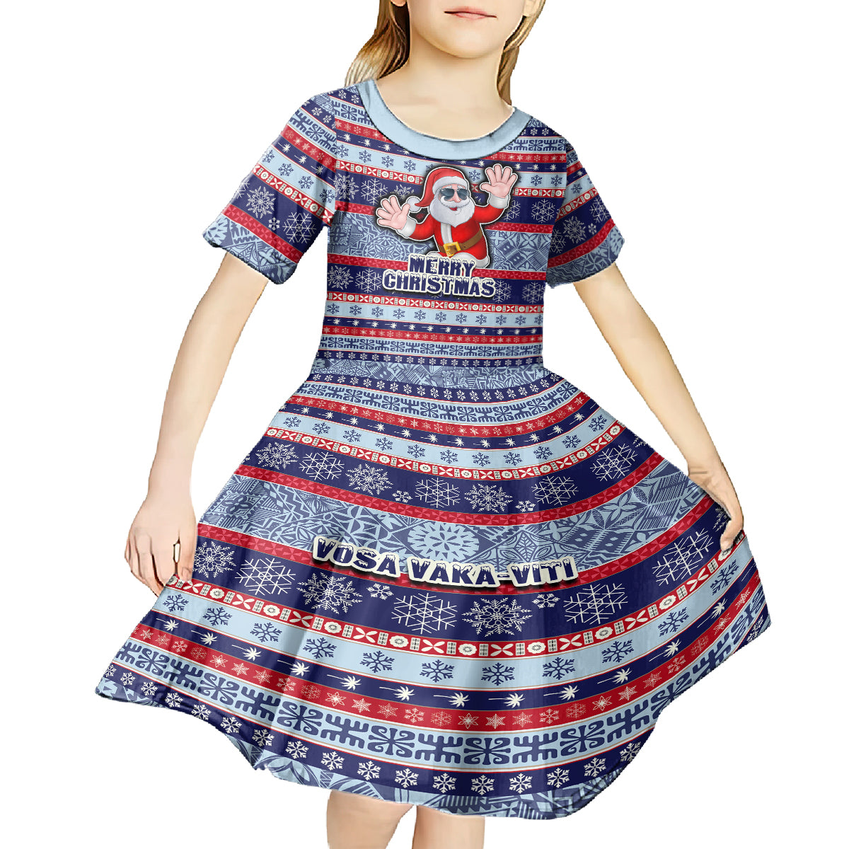 custom-fiji-christmas-kid-short-sleeve-dress-fijian-santa-and-coat-of-arms-mix-tapa-pattern-striped-style