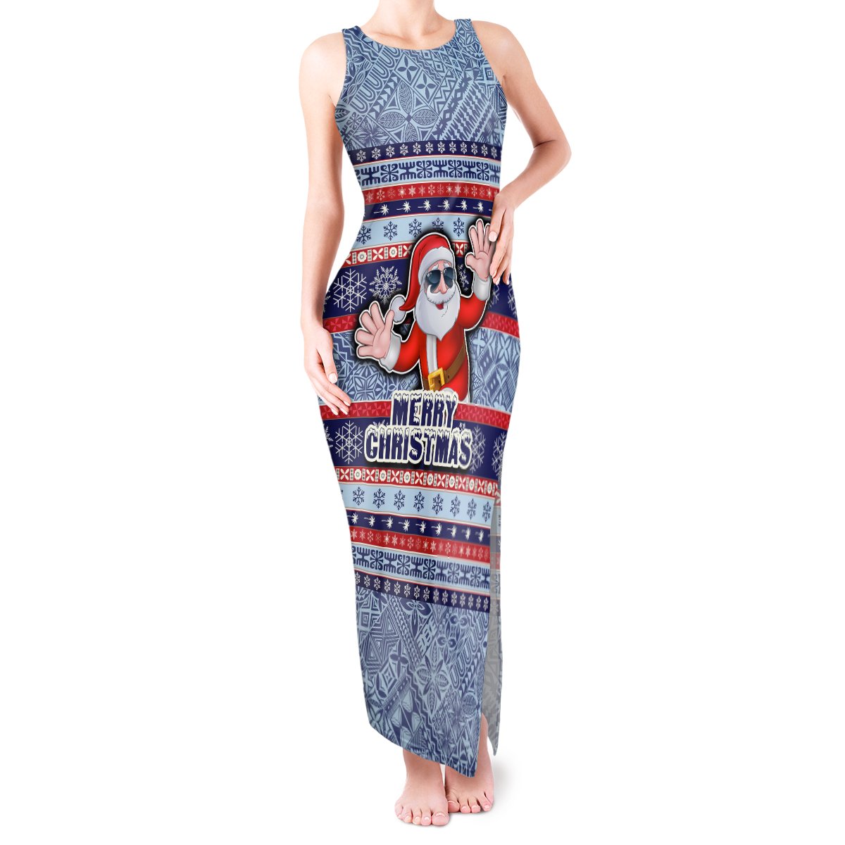 Custom Fiji Christmas Tank Maxi Dress Fijian Santa and Coat of Arms Mix Tapa Pattern Striped Style LT03 Women Blue - Polynesian Pride
